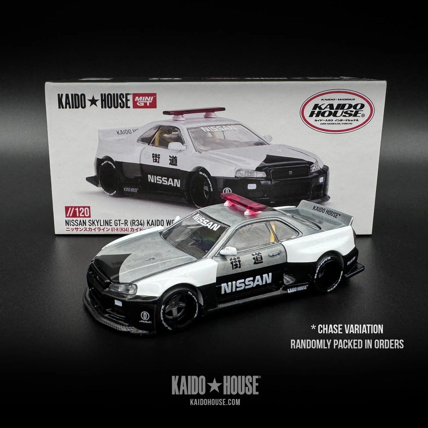 Mini GT x Kaido House No.120 Nissan Skyline GT-R (R34) Kaido Works V2 Aero (Japan Police)