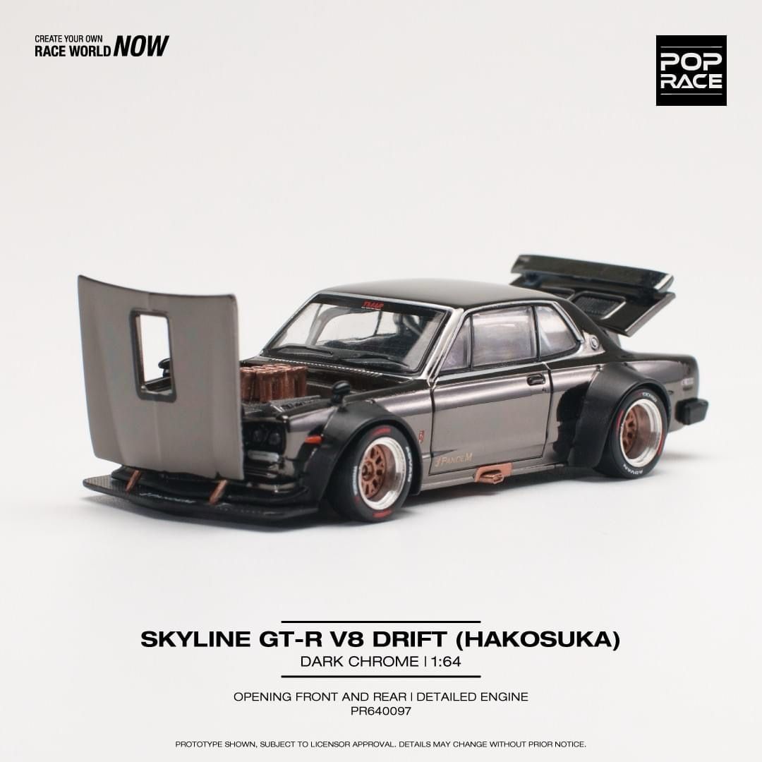 Pop Race 1:64 Nissan GT-R V8 Drift HAKOSUKA Dark Chrome PR64-97