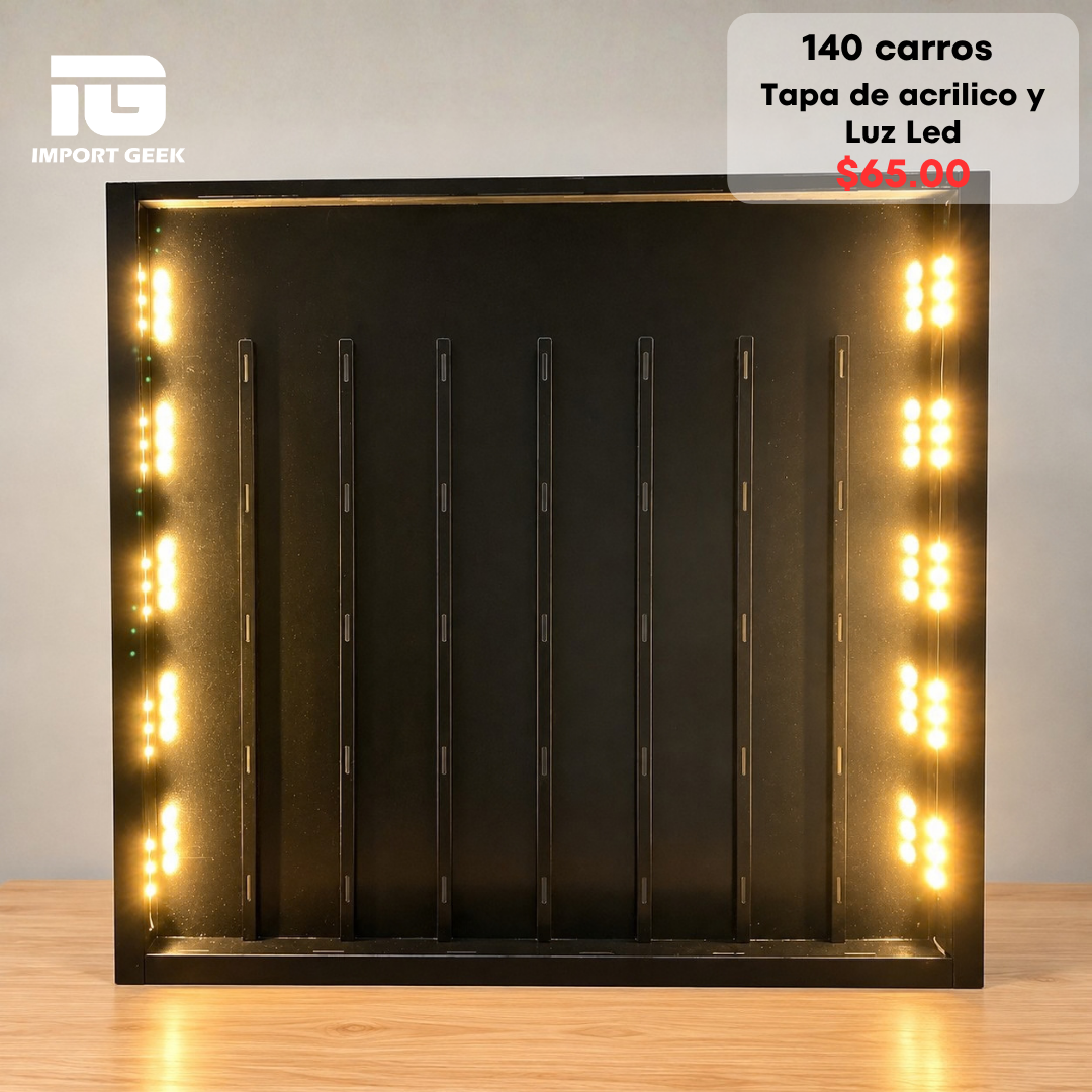 EXHIBIDOR PARA 140 CARROS CON TAPA DE ACRILICO Y LUZ LED