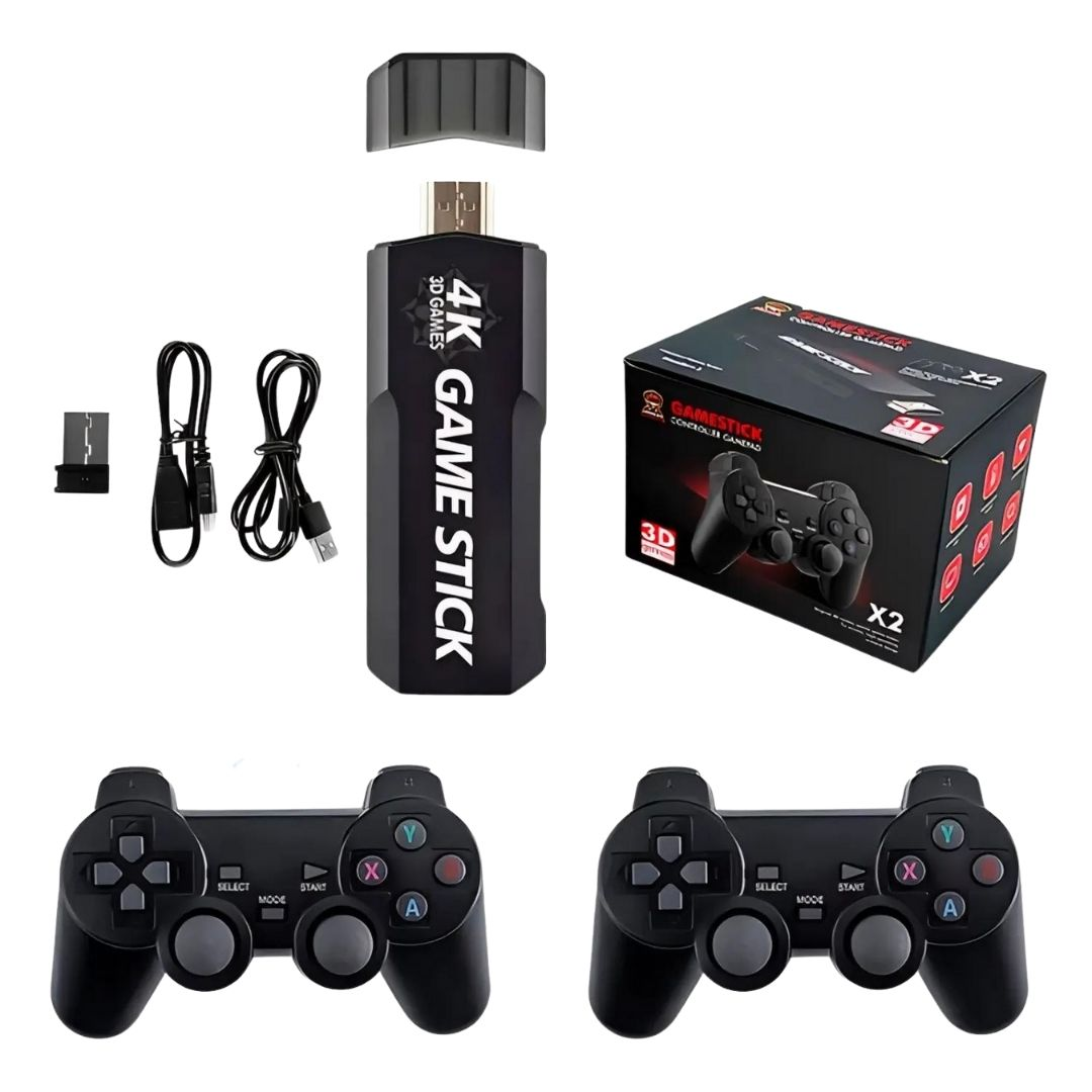 X2 4K Retro Game Stick, consola de videojuegos doméstica HD con 2 controladores inalámbricos, salida HDMI, 20000+ juegos integrados (64 GB)