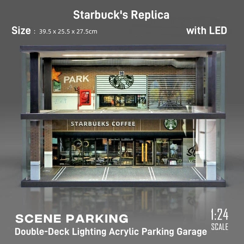 Diorama Starbucks Escala 1/24 Coche Garaje Iluminación LED Estacionamiento